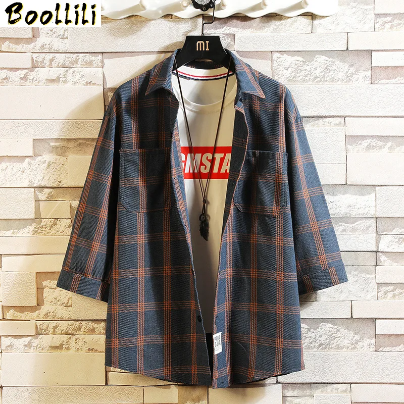 

Plaid 2023 Fashion Men's Striped Shirts Three Quarter Sleeve Casual Shirt Japan Shirt M-4XL 5XL Plus Asian Size Blouse
