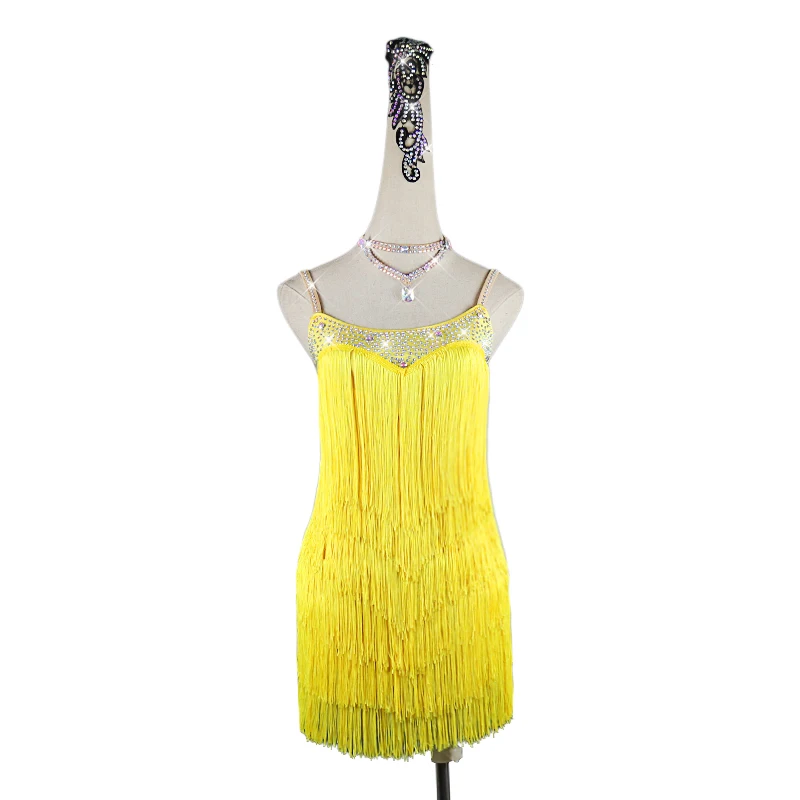 Желтое латиноамериканское платье для танцев, сексуальная юбка, платья для соревнований, костюмы, выступления, сверкающие кисточки, на заказ для взрослых и детей.
