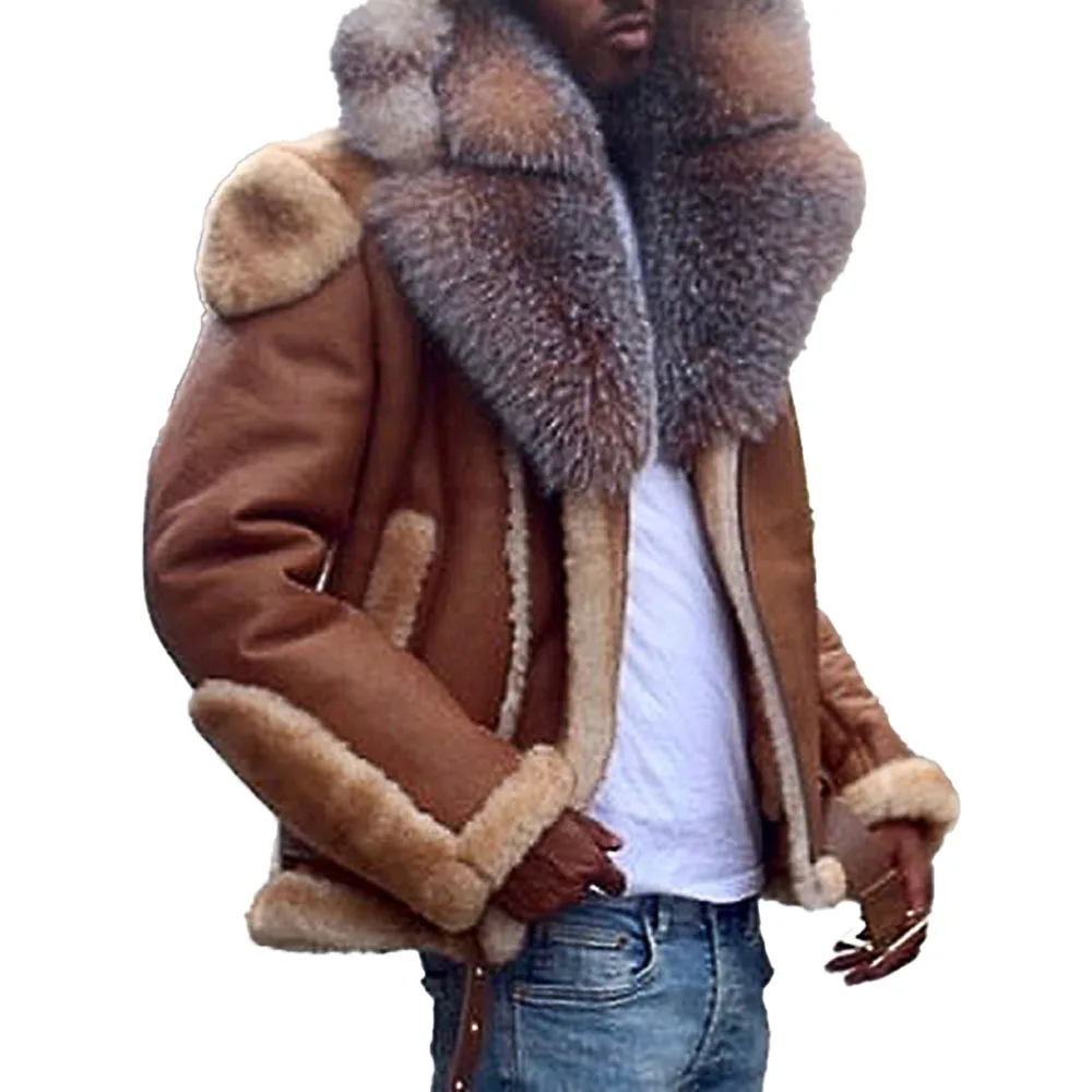 

2021 Autumn Winter New Imitation Lamb Cashmere Jacket Imitation Fur Collar Solid Color Fashion Long Sleeve Europe America Men's