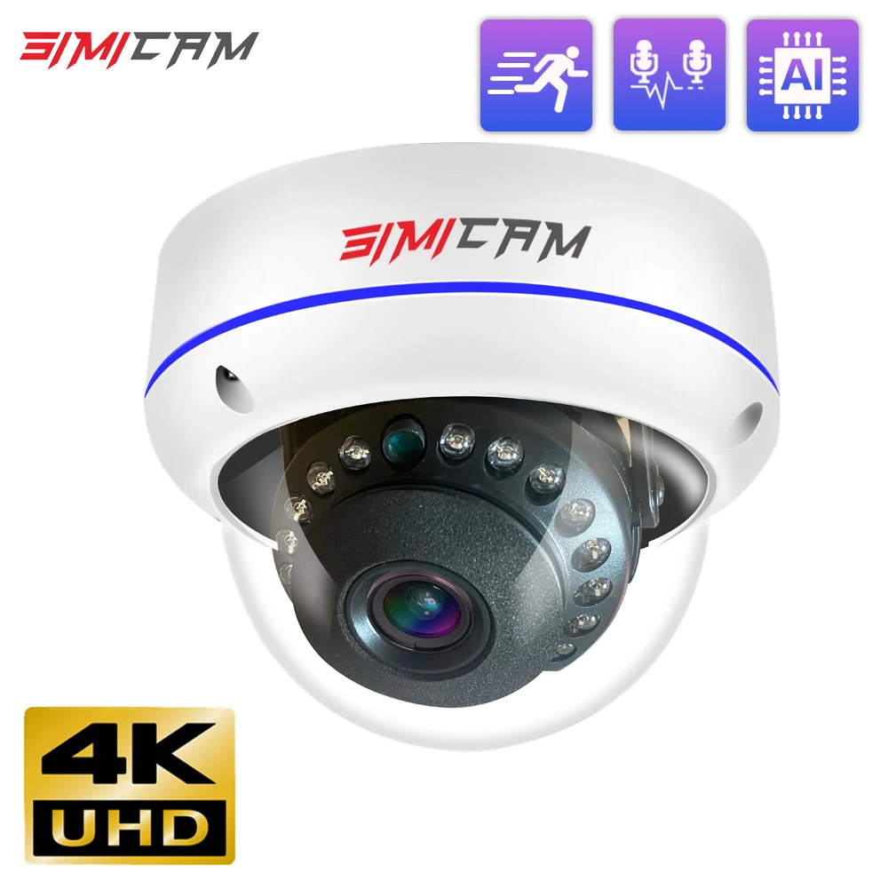 SIMICAM 4K 8MP Security IP Dome Metal shell PoE Camera Onvif H265 3840x2160 100ft Human IR Night Vision Audio Video Surveillance