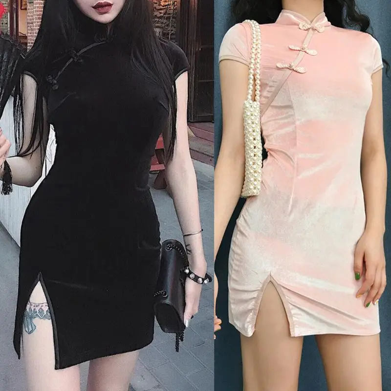 

Womens Sexy Short Sleeve Modified Chinese Cheongsam Mini Bodycon Dress Solid Color Side Slit Stand Collar Velvet Party Clubwear
