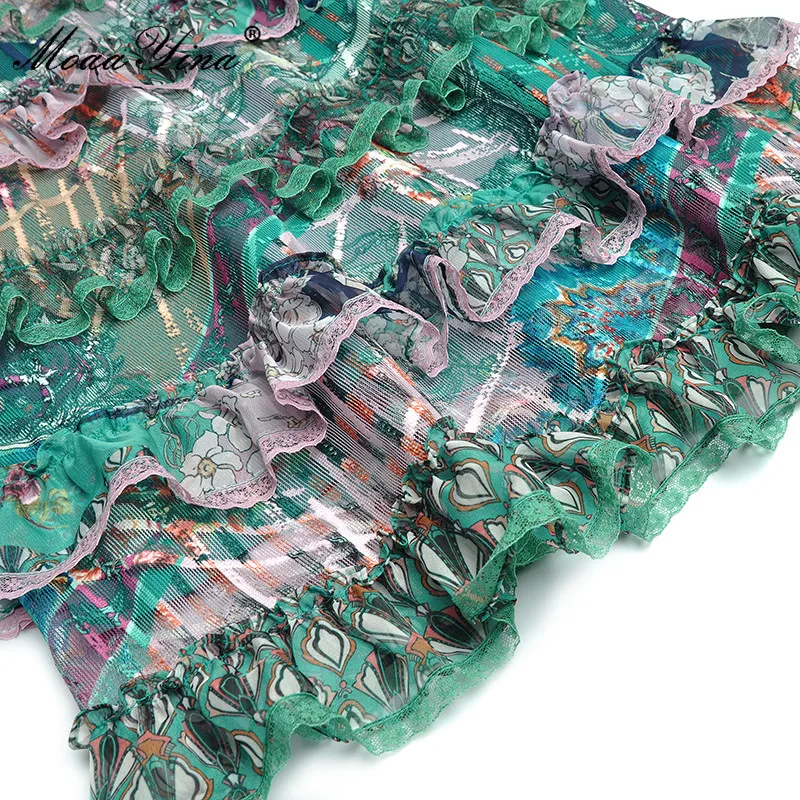 

MoaaYina Fashion Cotton dress Autumn Women's Dress Flare Sleeve Print Lurex Mesh Pearl Beaded Cascading Ruffle Elegant Dresses