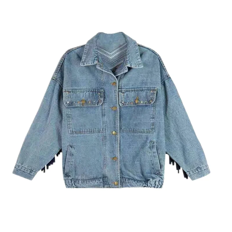 Джинсовая куртка с отделкой бисером и бахромой весна зима 2020 H0003|Женские куртки| |