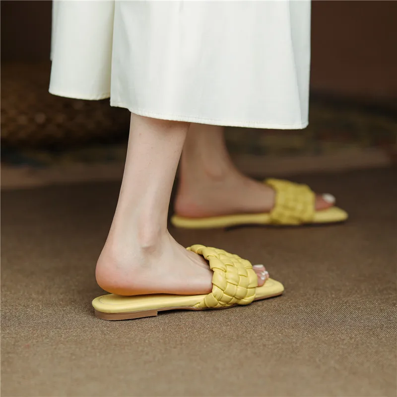 

MEMUNIA 2021 Hot Sale Flat Shoes Women Slipper Weave Solid Colors Summer Comfortable Casual Shoes Ladies Genuine Leather Slipper