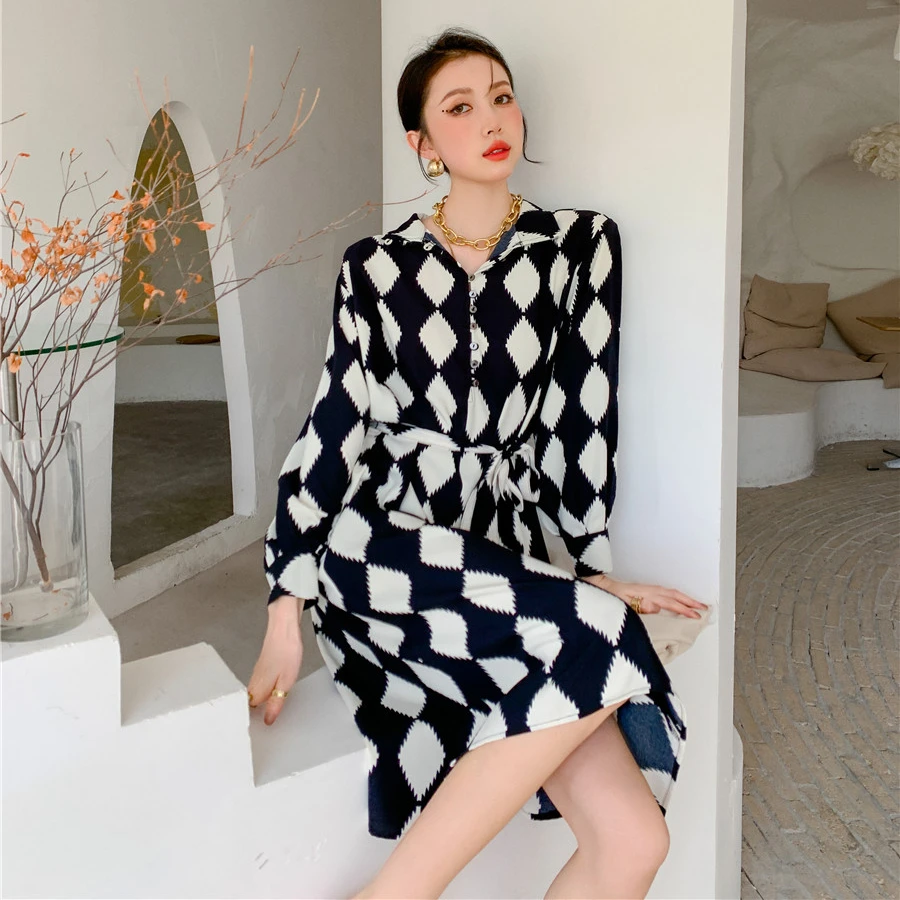 

Kimotimo Vintage Plaid Shirt Dress Women 2021 Spring French Design Slim Long Sleeve Dress Advanced Temperament Women Clothes