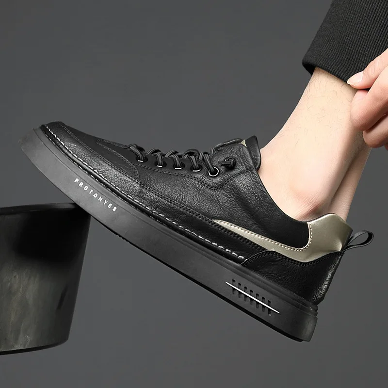 Murah Sepatu Pria Kulit Asli Sneakers Pria Kasual Sneakers Chunky Flat Pria Bersirkulasi Fashion Alas Kaki Pria Lembut Hitam Putih 2.5