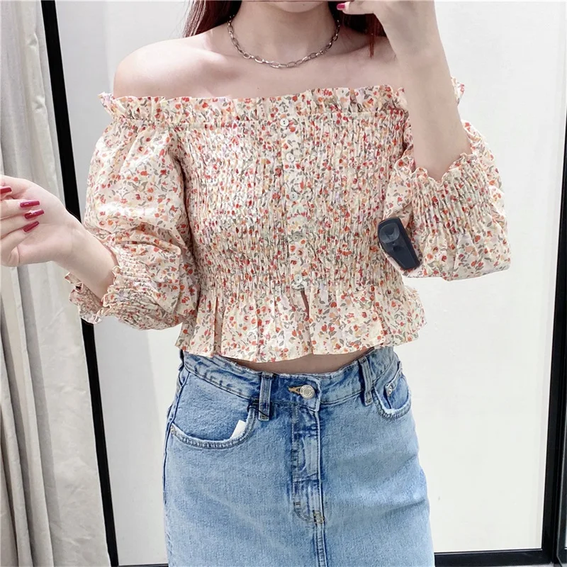 

ZXQJ Women 2021 Fashion Floral Print Cropped Blouses Vintage Wide Slash Neck Smocked Female Shirts Blusas Chic Tops