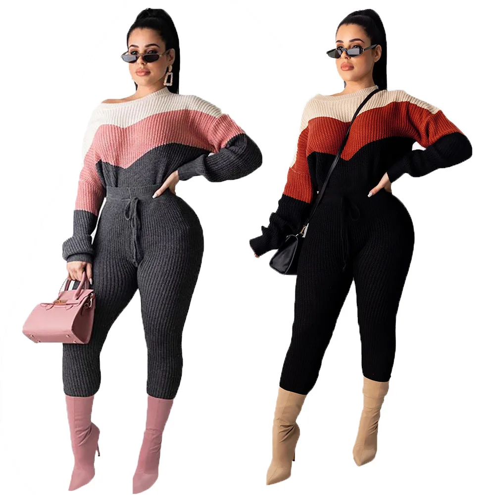

Fahion Winter Women Two Pieces Set Keep Warm Color Patchwork Sweater O-neck Top+Long pants Loose Women Suit