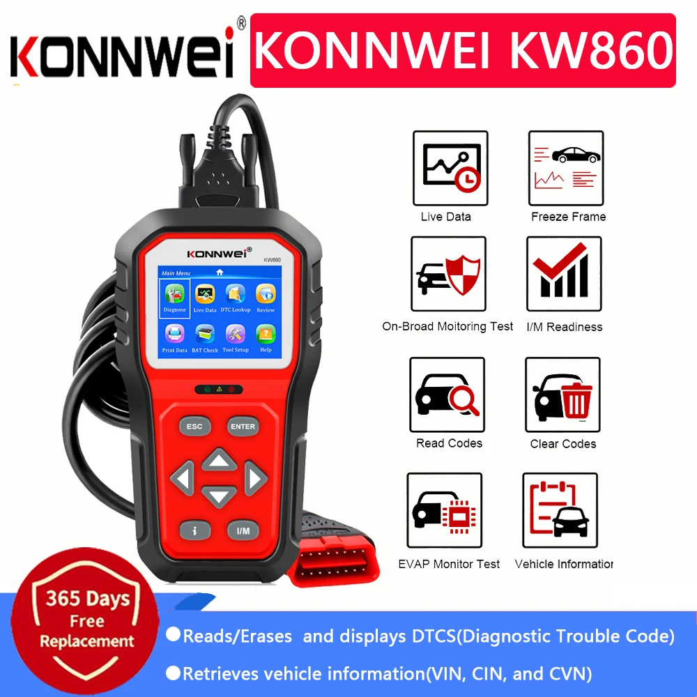 

Автомобильный сканер KONNWEI KW860, сканер OBD2, диагностический инструмент, сканер, считыватель кодов двигателя автомобиля OBD2, Полный режим, беспл...