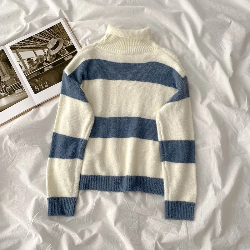 

Fashion Autumn Winter Clothes Women Korean Causal Loose Pullovers Striped Long Sleeve Knitted Sweaters Turtleneck Tops Couple