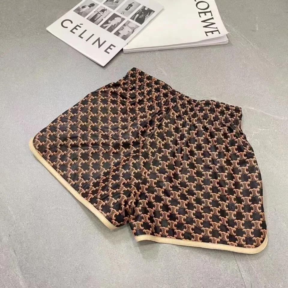 Женские шорты из овечьей кожи широкие свободные с принтом и высокой талией