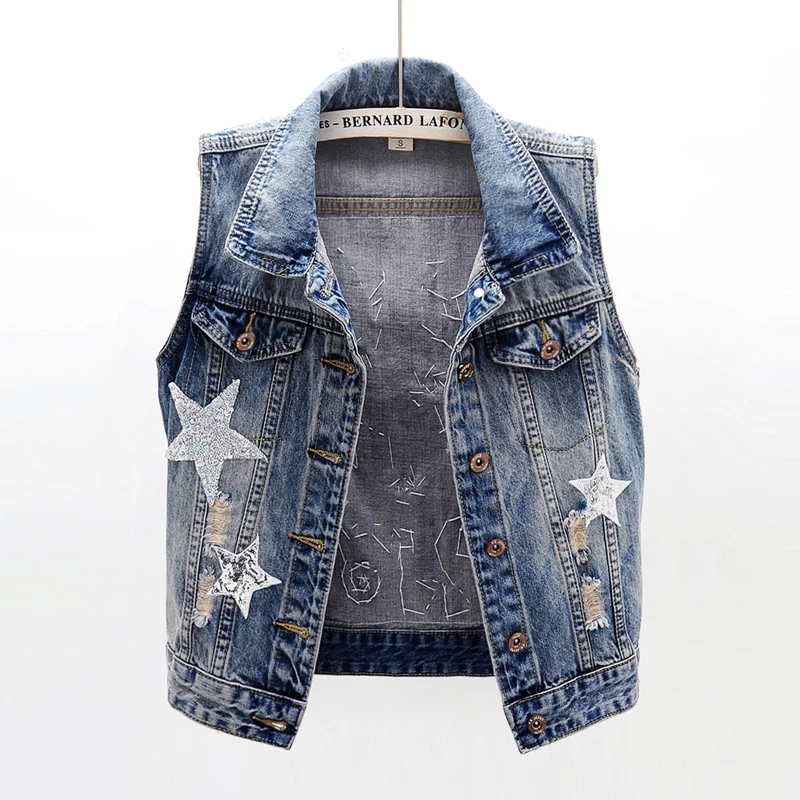 

Summer New Fashion Star Sequins Short Denim Vest Women Waistcoat Sleeveless Jacket Coat Vintage Slim Jeans Vest Female JC218