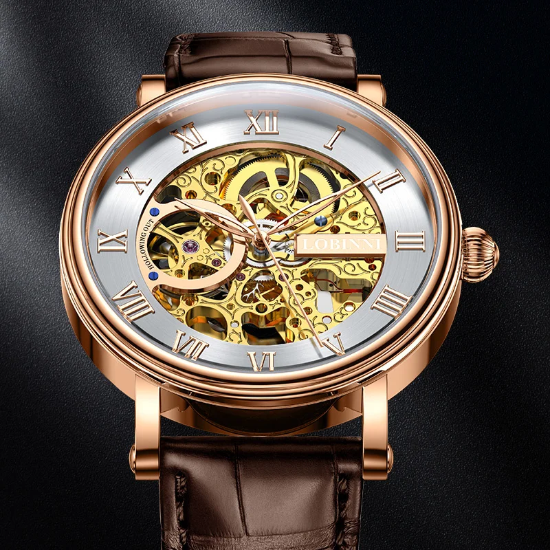 

Switzerland Luxury Brand LOBINNI Automatic Mechanical Men Watches Sapphire 50M Waterproof Double Skeleton Leather Clocks L9018