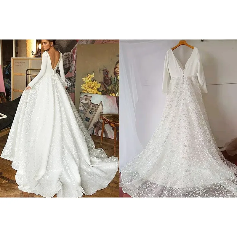 

Light Wedding Dress 2021 Sexy V-neck Long Sleeve Wedding Dress With Court Train Back Button Bridal Dress Luxury Lace Customize