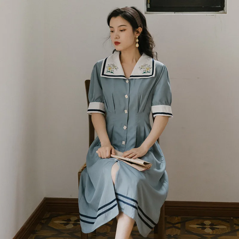

2021 Summer New Female Large Lapel Literary Elegant Embroidered Dress Single Breasted High Waist Mid-Length Dress For Women