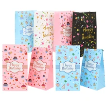 10Pcs Pink Blue Happy Birthday Gift Decorations Kraft Paper Candy Cookies Bags Kid Birthday Baby Shower Party Food Packaging Bag