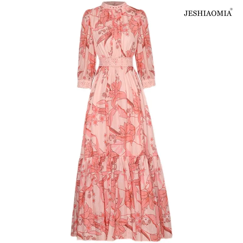 

JESHIAOMIA - 2021 Summer Round Neck Print Lace Patchwork Puff Sleeve Midi Dress