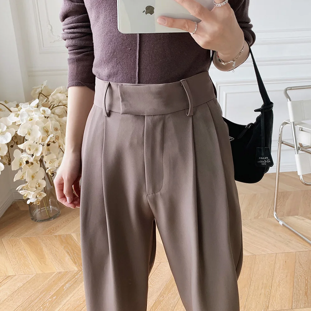 2020 Autumn Winter Female Women Trousers Pleated Ankle Length High Waist Straight Wide Leg Dropped Crotch baggy Pants For Women