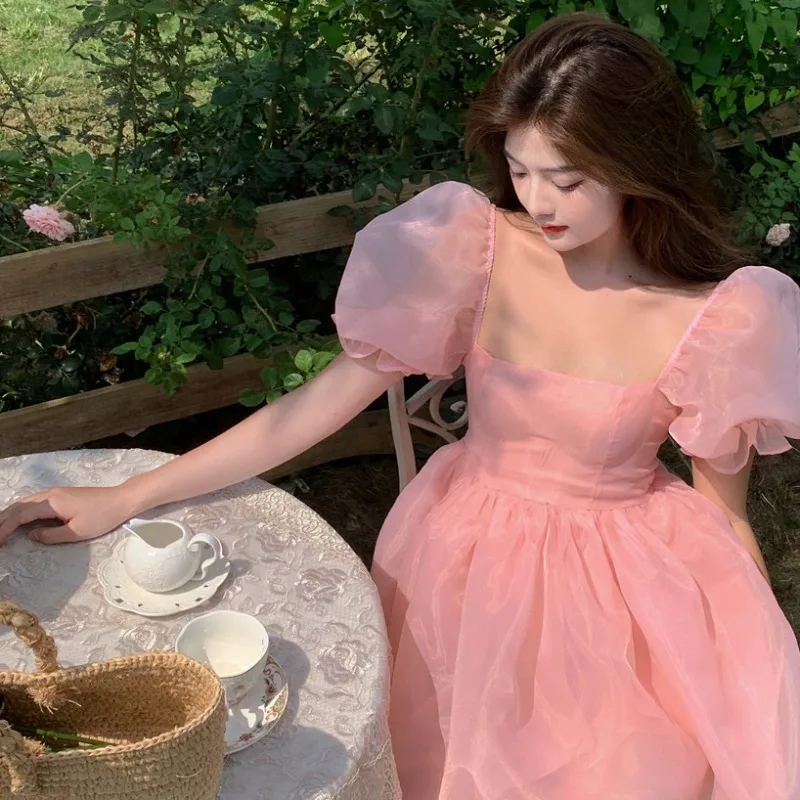 Милое розовое Сетчатое Пышное Платье для девочек с квадратным вырезом и пышными