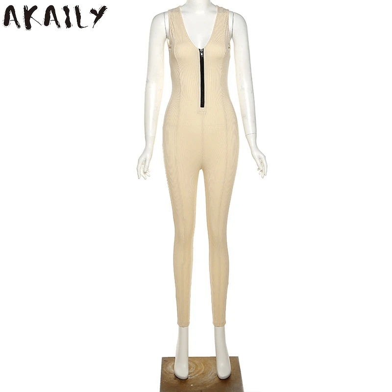 

Akaily Streetwear Black V Neck Zipper Sleeveless Bodycon Jumpsuit Women Summer One Piece Outfit White Slim Female Jumpsuit 2021