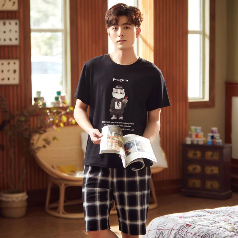 

Summer New Style Cotton Pajamas Men'S Short Sleeve Shirt Shorts-Outer Wear Casual Large Size Loose-Fit Youth Homewear Set