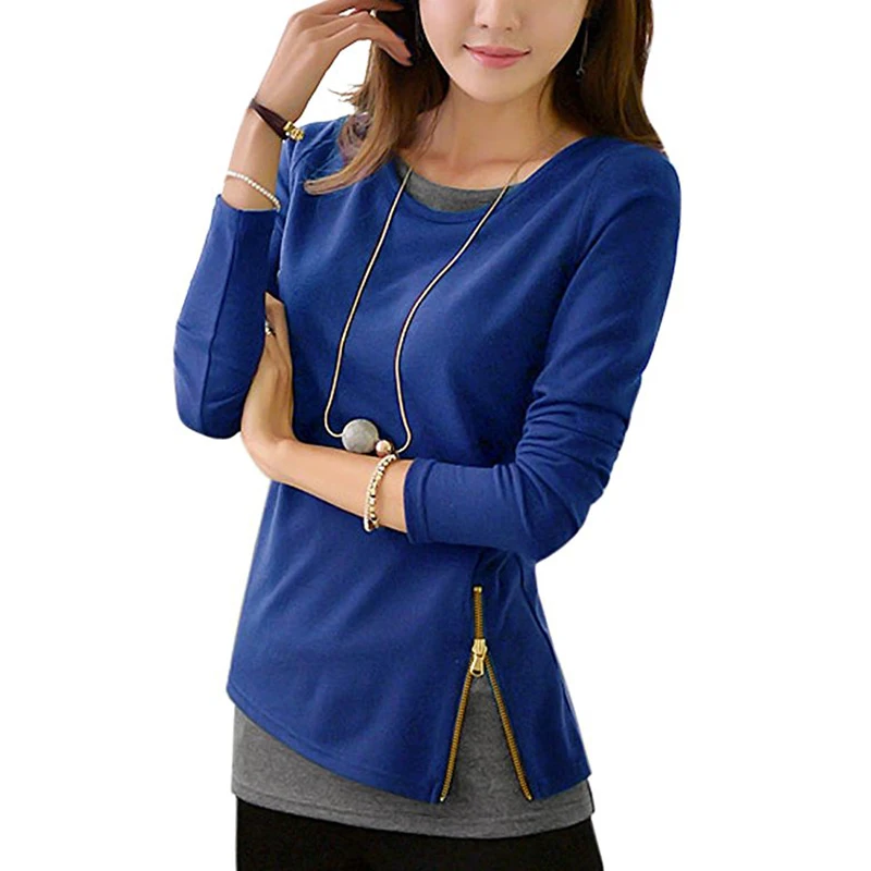 2019 Новая повседневная футболка с длинным рукавом Женские топы на молнии