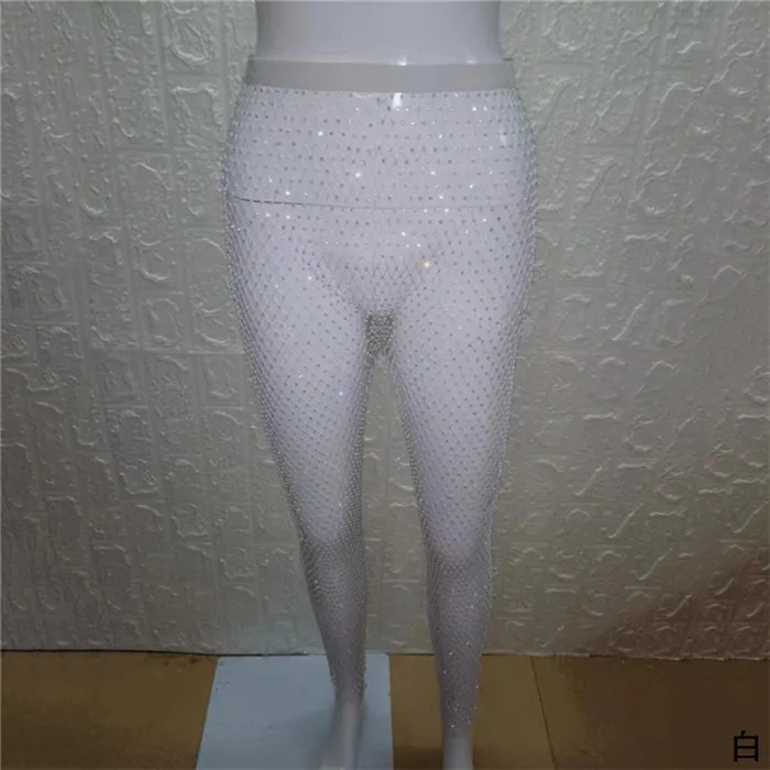 White Ажурные блестящие стразы, прозрачные Лоскутные Длинные штаны, Летние черные белые сексуальные женские облегающие Клубные вечерние Брюки - Color: White