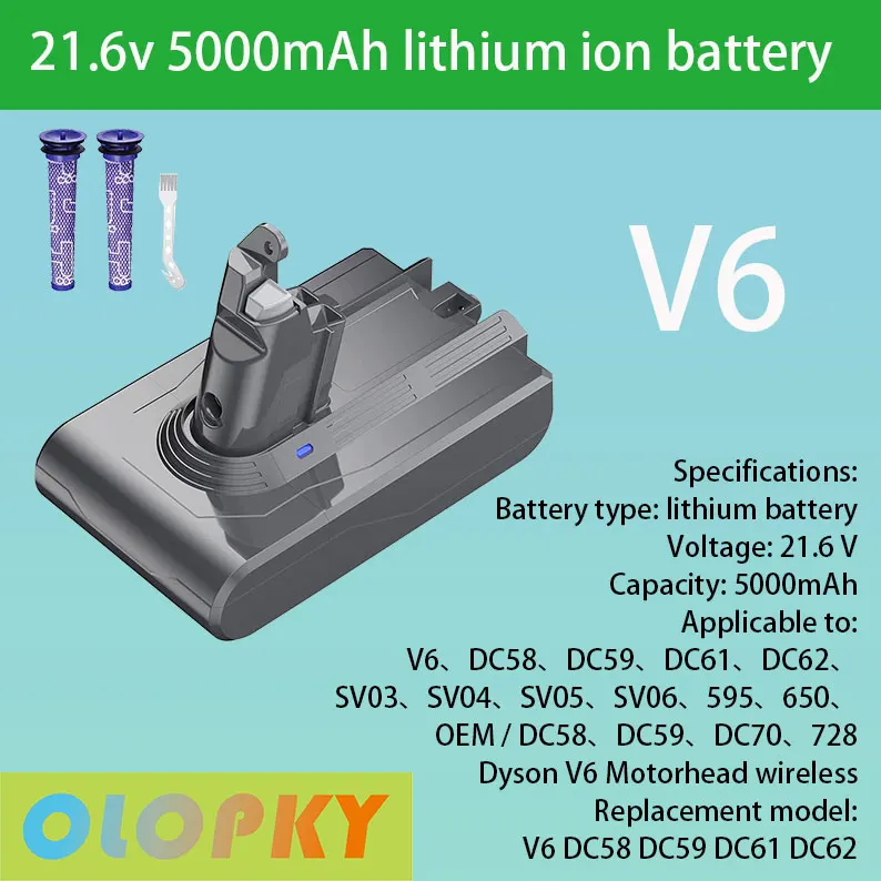 

Аккумуляторная батарея для DYSON V6, DC58, DC59, DC61, DC62, DC74, 5000 мАч, 21,6 в