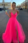 2021 скромное Тюлевое платье с V-образным вырезом на бретельках розовые длинные платья для выпускного вечера пикантные вечерние платья с высоким разрезом