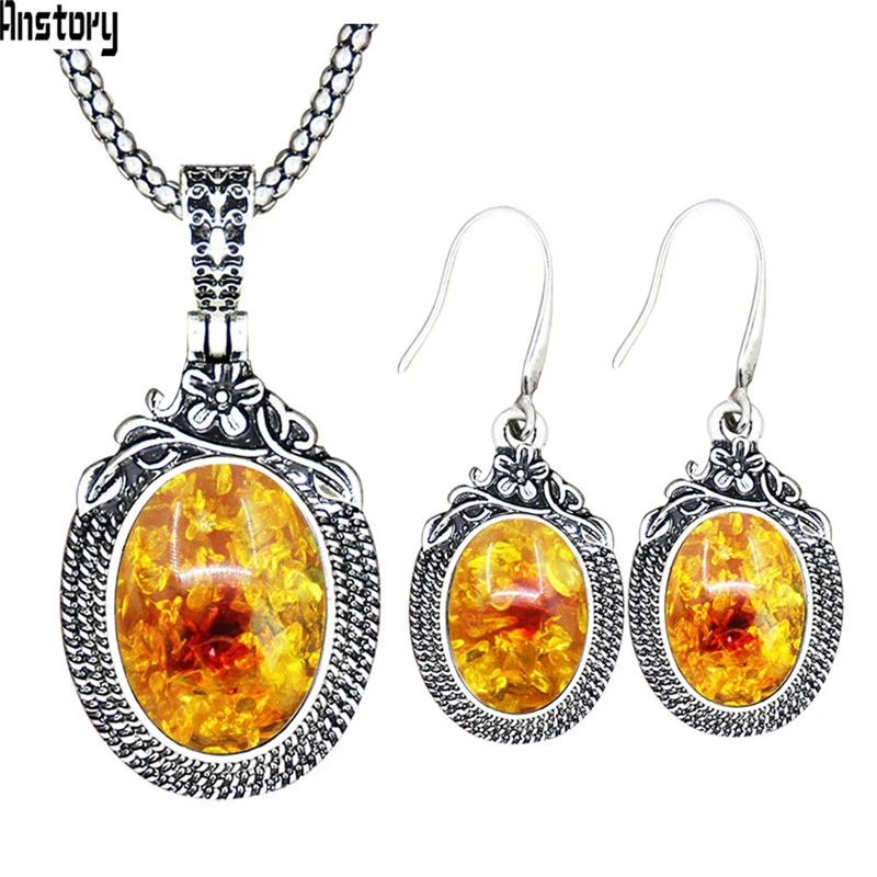 Synthetic Amber Винтажный комплект из ожерелья и сережек с аметистом, винтажный комплект из натурального камня, кварца, Модный женский комплект TS574 - Окраска металла: Synthetic Amber