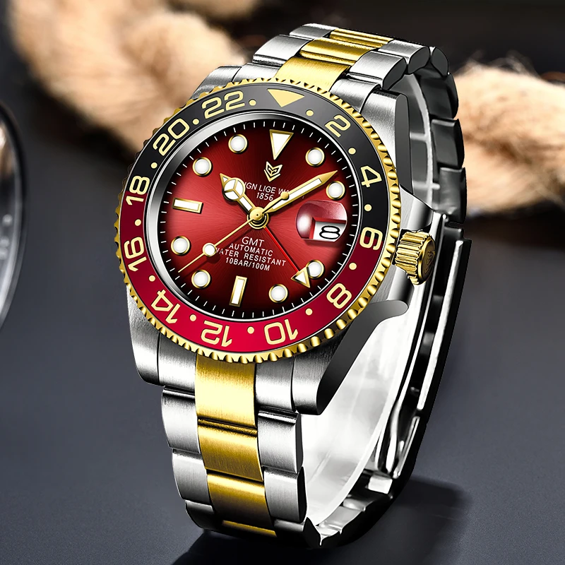 

LIGE DESIGN Men GMT Automatic Mechanical Watch Ceramic Bezel 316L Stainless Steel 100ATM Waterproof Clock Sapphire Glass Watches