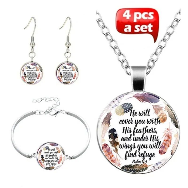 

Bible Verses Cabochon Glass Pendant Necklace Bracelet Bangle Earrings Jewelry Set Totally 4Pcs for Women's Fashion Jewelry