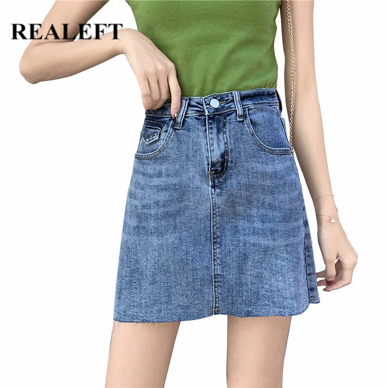 Женская джинсовая юбка трапециевидной формы REALEFT Короткая синяя мини с высокой