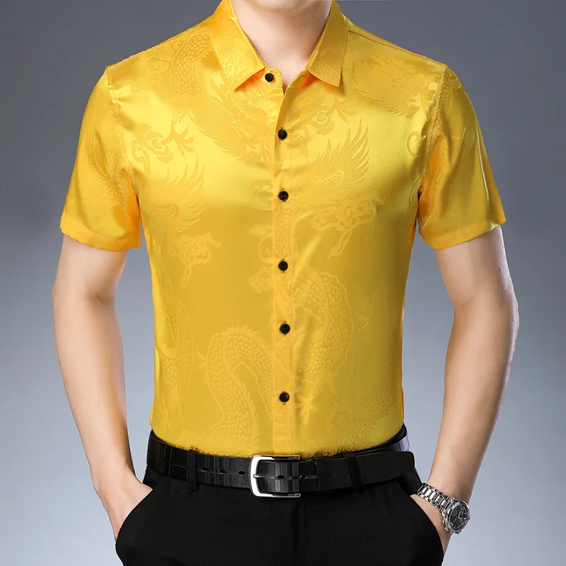Летняя мужская мода 2020 шелковые рубашки для мужчин официальная рубашка Золотая
