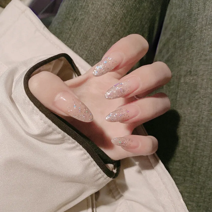 

Holo Glitter Fake Nail Glossy Jelly Nude Pink False Press on Bling Full Cover Nails Artificial Sharp Finger Wear Nail Art Tips