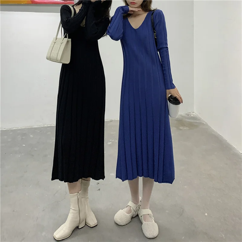 

Autumn Winter Dress Small 2021 New Skirt Korean Loose Long Sleeve Medium Long Lazy V-neck Knitted Skirt