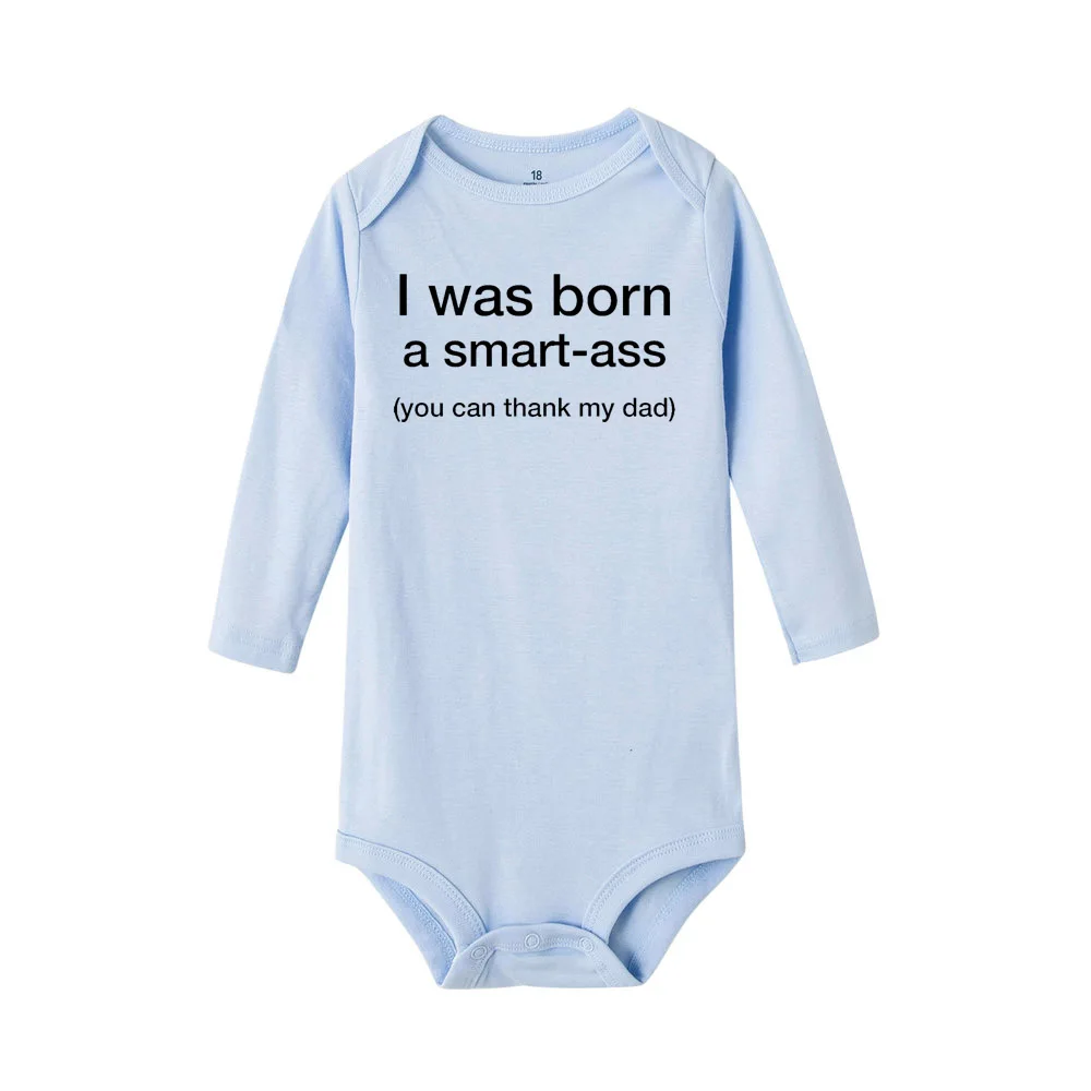 Детские комбинезоны с забавными надписями «I Was Born A Smart-ass», осенняя хлопковая одежда, комбинезон для новорожденных мальчиков и девочек, комбинезон с длинными рукавами