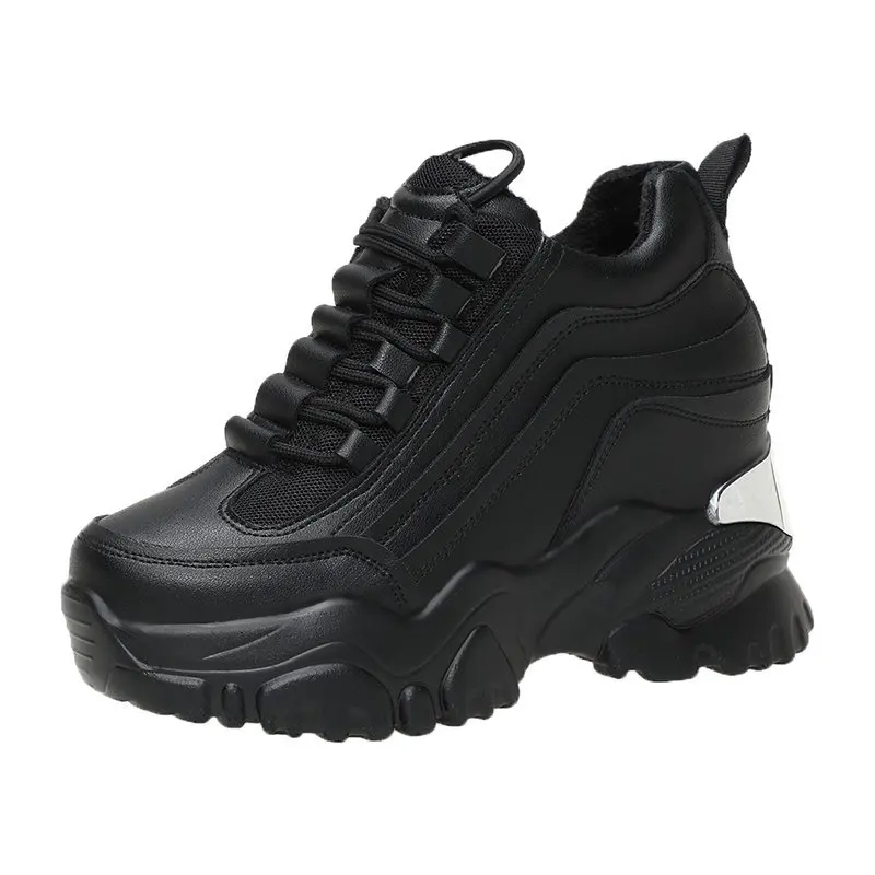 

High Platform Casual Sneakers Trainers Leather Chunky Shoes Women Lace Up Dad Shoes Ladies Winter Female Warm Fur Sneakers Woman
