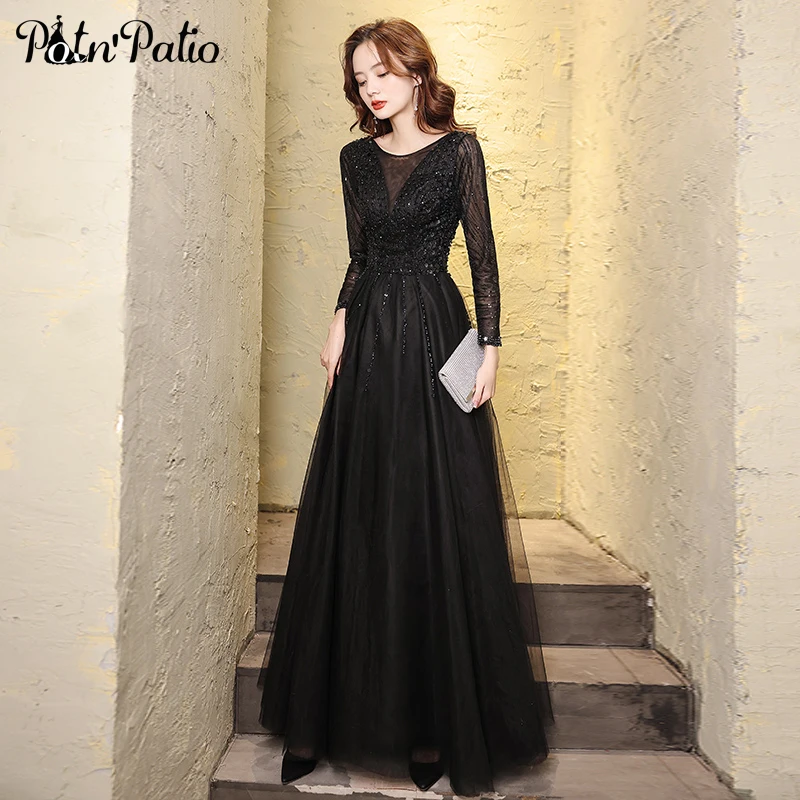 

Женское вечернее платье-трапеция, черное Тюлевое платье до пола, с длинным рукавом, с бусинами, блестками, для выпускного вечера, 2021