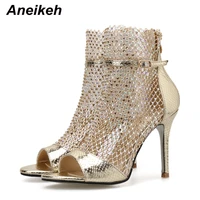 aneikeh fashion spring gold glitter rhinestone mesh ankle sandals boots high heels sexy booties peep toe pumps lady party shoes