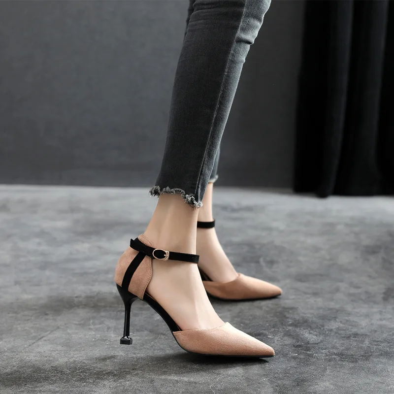 

New Color Small Size Women's Shoes High Heels Pointed Stiletto One Word Buckle Cat With Large Size Sandals Hundred Recruiting