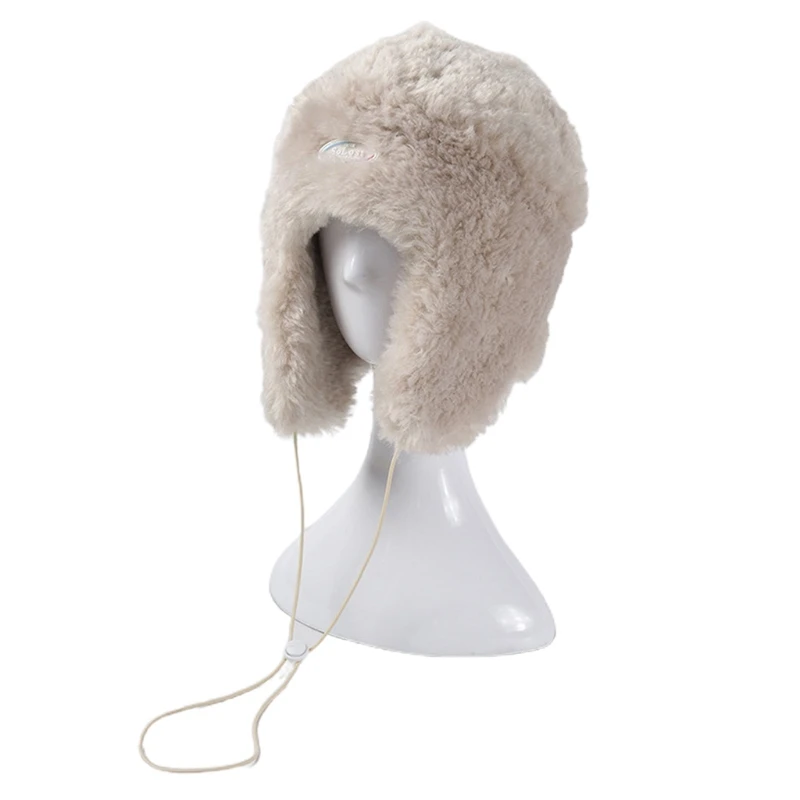 

Women Winter Thick Fluffy Plush Earflap Cap with Chin Strap Solid Color Letters Logo Label Thermal Windproof Trapper Hat