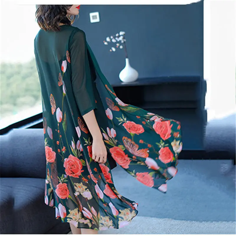 

2021 new sunscreen women's mid long summer silk chiffon shirt printed cardigan thin