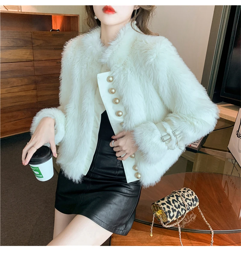FANIECES шуба  Elegant White Faux Fur Coat Thick Warm Luxury Short Fur Outwear Pearl Buttons Women's Winter Jacket шуба женская