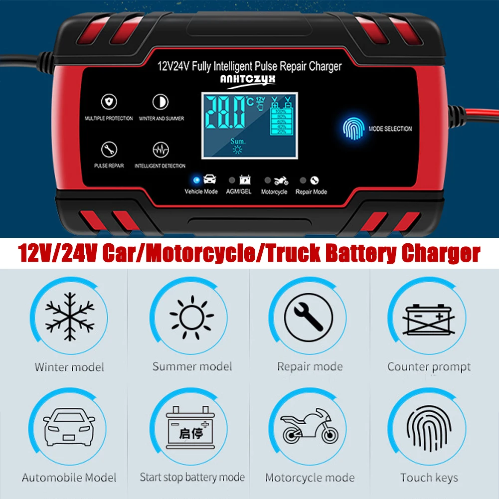 

Automotive Smart Battery Charger/Maintainer 12v 8amp/24v 4ampwith Lcd Display For Car Chargertruck Motorcycle Lawn Mower Boat