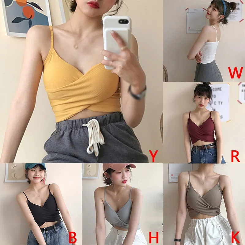 

Women Camisole Summer Female Sexy Solid Color V Neck Sleeveless Cross Front Stretch Tight Short Camisole