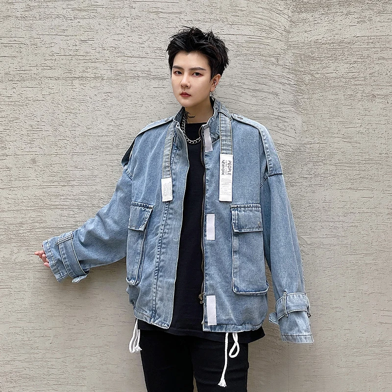 

Four Seasons Men's Denim Casual Loose Denim Jacket Drawstring Design Blue C5