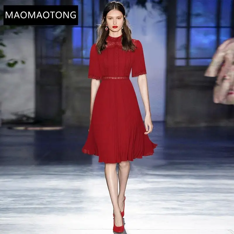

Fashion Runway Summer Red Short Dress Women Stand Collar Short Sleeve Lace Patchwork Hollow Out Pleated Chiffon Dress