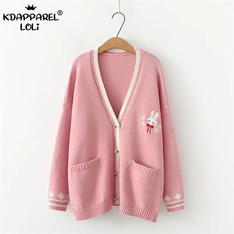 Милый кардиган для девочек с вышивкой кролика Свободный вязаный свитер