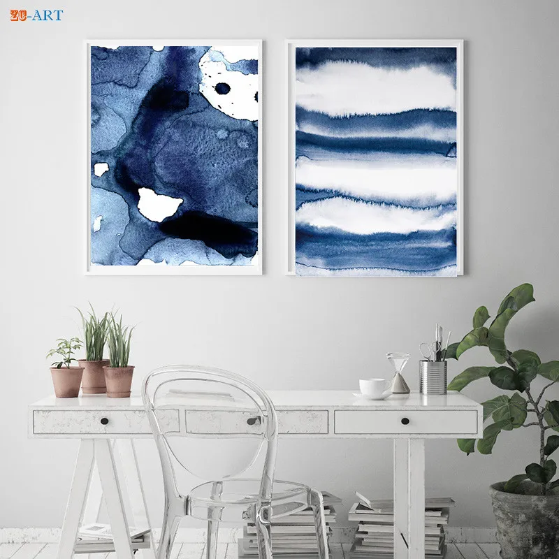 Темно-Синяя абстрактная картина на холсте с акварелью постер настенные картины